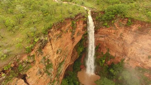 Aerial view of waterfall and cliffs of Caracol Mountain - Chapada das Mesas, Carolina, maranhão, Northeast Brazil
