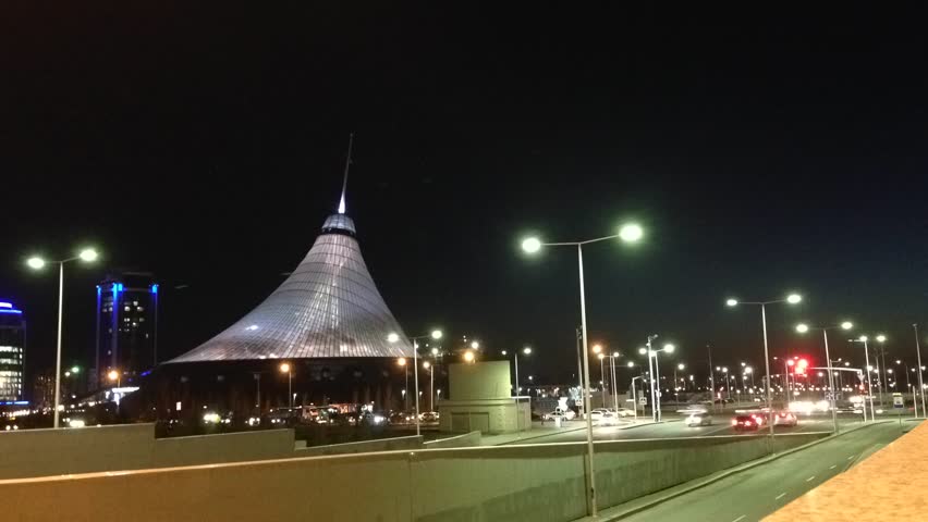 Night street traffic near Khan Shatyr, Astana, Kazakhstan
