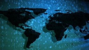 World map on animated top-down blue digits 0 and 1 binary code. Concept of informatization of society and the digital world. - Powered by Shutterstock - Get 15% off with code: PIKWIZARD15