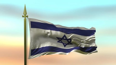 National Flag of  Israel waving in the wind against the sunset sky background slow motion Seamless Loop Animation