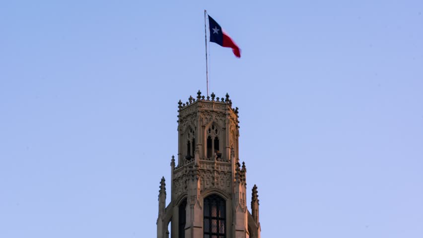 Texas State Flag, Sunrise Timelapse Video, San Antonio Skyline Tower