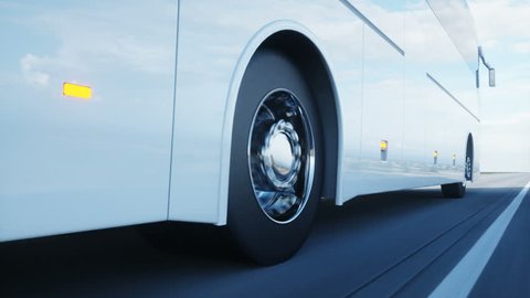 tourist white bus on the road, highway. Very fast driving. Touristic and travel concept. realistic 4k animation.