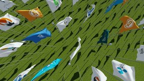 Flags with Bitcoin, Ethereum, Litecoin, Monero, Nem, Ripple cryptocurrency, digital money signs on green field. Three dimensional rendering 3D animation. - Powered by Shutterstock - Get 15% off with code: PIKWIZARD15