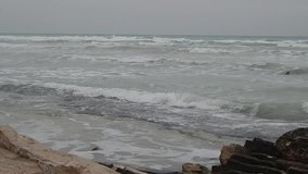 Rocky winter coast of the Caspian Sea. Month of January.