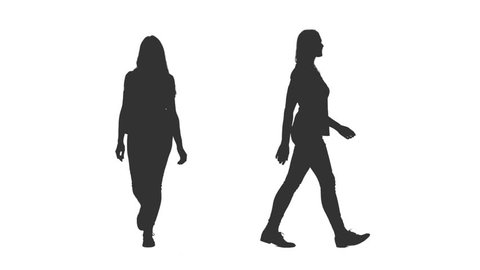 Silhouette of young woman walking on transparent background, 2 in 1, Front and side view, Full HD footage with alpha channel