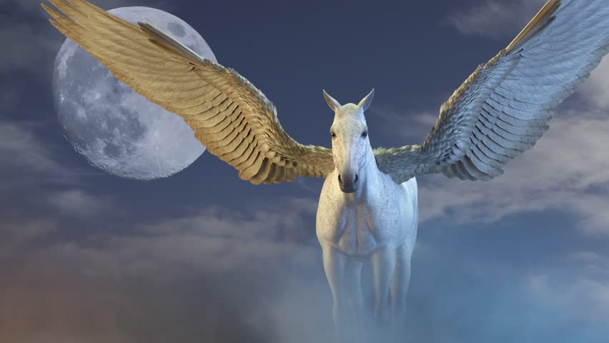 horse with wings Pegasus flies against the sky 3D render