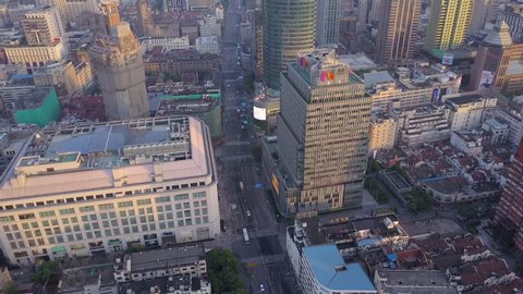 China Shanghai Aerial v27 Birdseye flying over Bund walking street intersection 5/17