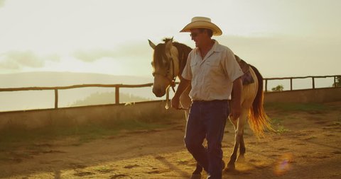 Cowboy walking his horse at sunset