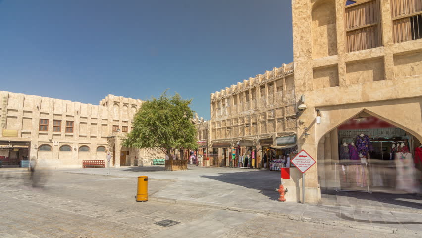 Souq Waqif timelapse hyperlapse. It is popular marketplace in Doha, Qatar. The souq is noted for selling traditional garments, spices, handicrafts, and souvenirs.
