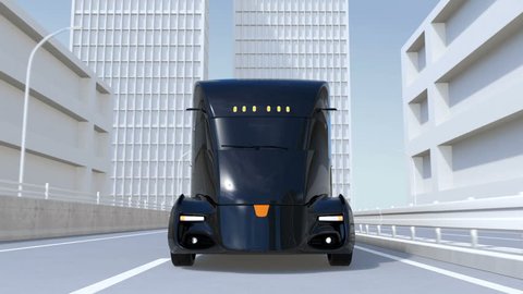 A fleet of black self-driving electric semi trucks driving on highway. 3D rendering animation.