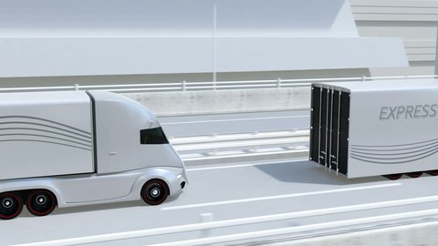 A fleet of self-driving electric semi trucks driving on highway. 3D rendering animation.