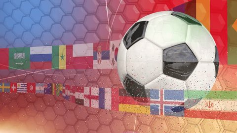 A spinning football with a background of the participating world cup nations. Video Stok