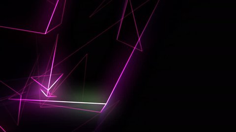 Abstract cgi polygonal violet neon triangles. Geometric light motion background.