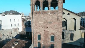 Aerial drone footage view of Older Church in Milan Lombardia Italy  // no video editing