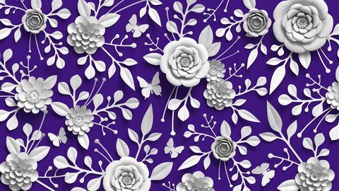 3d rendering, loop animation, floral background, rotating paper flowers, botanical pattern, paper craft, ultra violet , 4k animation: film stockowy