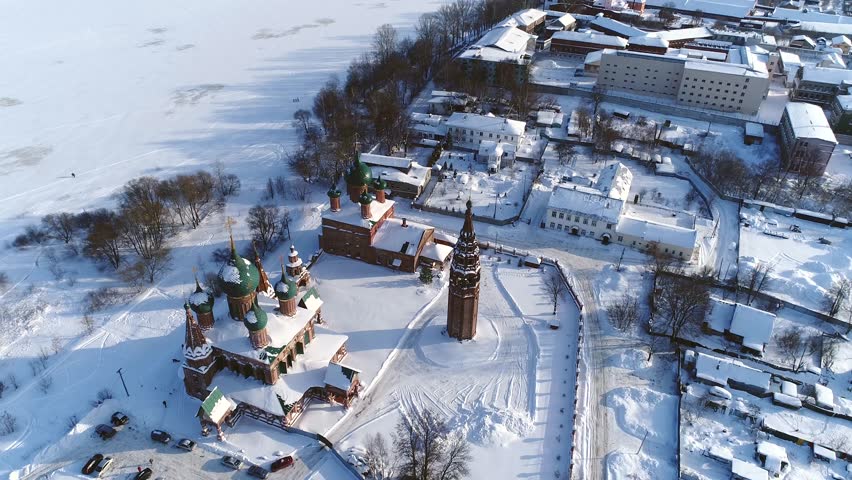 View from the height of the temple complex in winter. Zlatoust Church and Vladimir Church. Yaroslavl, Korovniki.