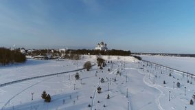 Assumption Cathedral in Yaroslavl. Aero panorama with a view of the Volga River and the central part of the city. Winter.