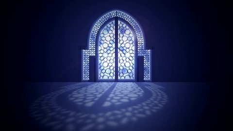 Islamic mosque door with glowing light from behind arabic geometric pattern for ramadan and eid greeting motion graphic