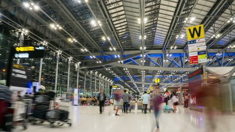 Bangkok, Thailand - Jan 25, 2018: Time Lapse of people and tourist in Suvarnabhumi Airport terminal building. Suvarnabhumi Airport also known as Bangkok Airport is the biggest airport in Thailand.