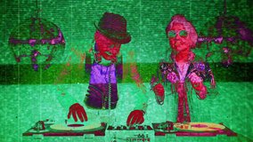 an amazing grandma and grandpa, older couple djing and partying in a disco setting. this version has overlayed video distortion and glitch effects