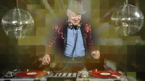 an amazing grandpa, older man djing and partying in a disco setting. this version has overlayed video distortion and glitch effects