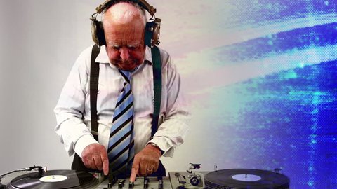 an amazing grandpa DJ, older man djing and partying in a disco setting. this version has intentional overlayed video distortion and glitch effects