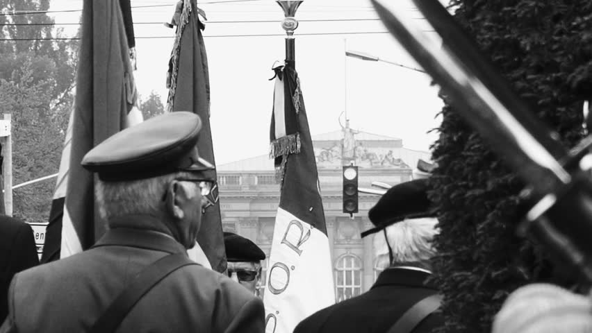 Soliders and veterans at ceremony to mark Western allies World War Two victory Armistice in Europe marking the 72nd anniversary of victory Nazi Germany in 1945