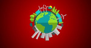 Pollution vs Sustainable Green Energy on Planet Earth 4k Flat Vector Animation Video with Red BG and Alpha Channel.