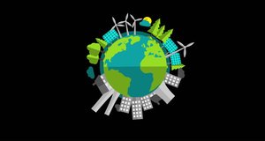 Pollution vs Sustainable Green Energy on Planet Earth 4k Flat Vector Animation Video with Alpha Channel