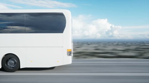 tourist white bus on the road, highway. Very fast driving. Touristic and travel concept. realistic 4k animation.
