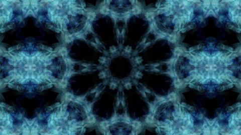 Abstract blue fire on black background with alpha channel: ink, fire or smoke flows is kaleidoscope or Rorschach inkblot test in slow motion. Blue Fire or Ink. Can be used as Looped background. V1