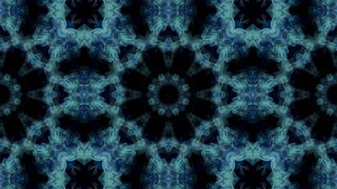 Abstract blue fire on black background with alpha channel: ink, fire or smoke flows is kaleidoscope or Rorschach inkblot test in slow motion. Blue Fire or Ink. Can be used as Looped background. V1