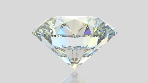Sparkling diamond slowly rotates on white glossy background. Close-up side view with colorful flashes. Seamless loop 3D animation