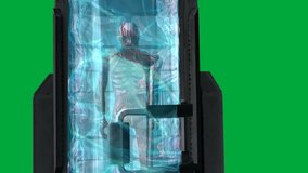 Creepy space alien in cryogenic tank.  Solution drains and alien tilts head.  Green screen can be eliminated by your video editing software's, chroma-key function.  You can also use the attached matte