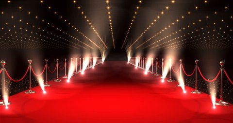 Digitally generated video of long red carpet with spotlights against red background