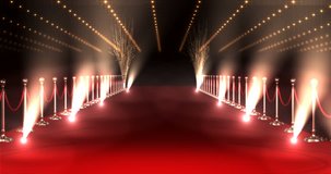 Digitally generated video of long red carpet with spotlights against red background