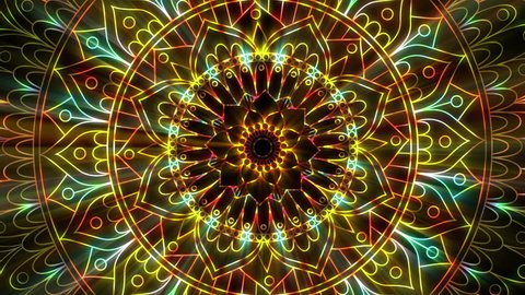 Hypnotic mandala animation pattern for meditation, yoga,  chill-out, relaxing, music videos, trance performance, traditional Hindu and Buddhist events.
