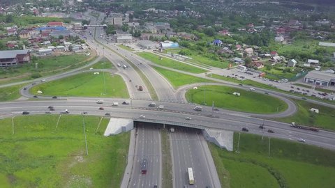 Aerial view of a freeway intersection. 