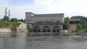 The Narva hydroelectric power station, day in august. Ivangorod, Russia 