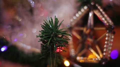 Blue Christmas ball and tree New Year mood, beautiful, Father Christmas ball on Christmas tree on boken background. New year 2019. Full UHD xmas background, bokeh lights. 4K.