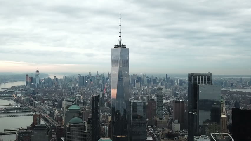 NEW YORK CITY - FEB 2, 2018: Freedom Tower aerial moving forward in 1080 HD Manhattan NYC. 1 World Trade Center is the primary structure at the new WTC site.