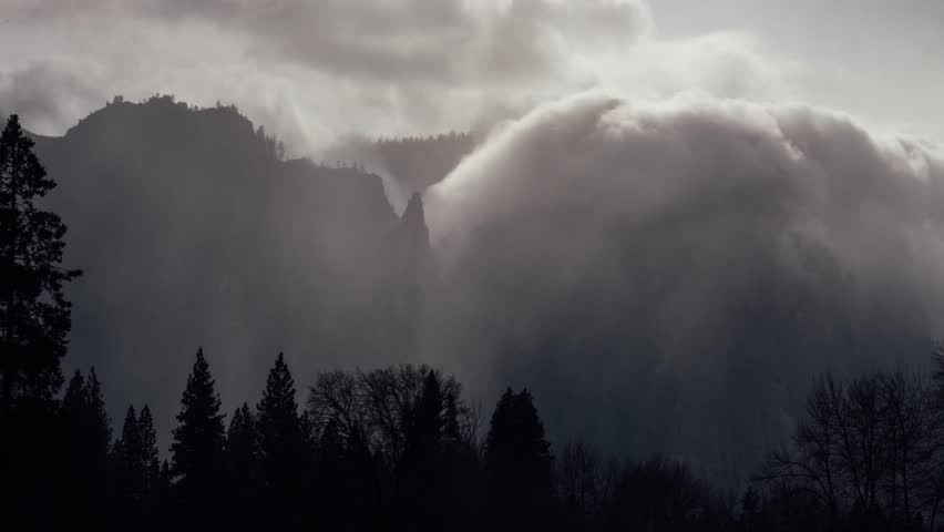 Storm Clouds pass over The Cathedral in Yosemite National Park, California. 