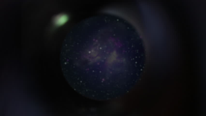POV push through telescope with view of internal optics, stars and galaxy - Arp 299, a binary galaxy system 140 million light years form earth. Elements furnished by NASA.