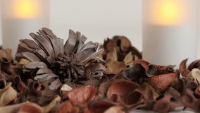 Relaxing scene with flowers and spices of potpourri mixture  - Zen background of candles and fragrant dried petals 