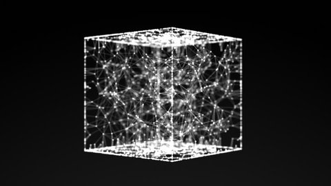 model of cube, abstract geometric composition from chaotic slow moving dots, lines and triangles are placed in the object, 4K seamless loop abstract animation on black background