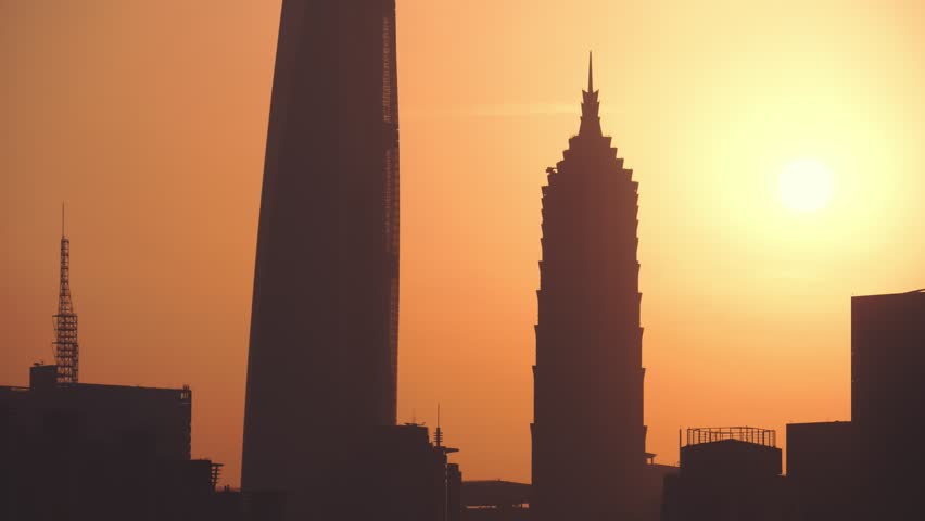 Lujiazui, Pudong area in Shanghai, China. Beautiful sunset view from the Bund.