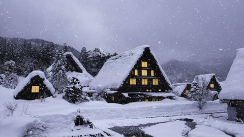Historic Villages of Shirakawa-go and Gokayama, Japan in winter. Traditional style huts in Gassho-zukuri Village, Shirakawago, World Heritage Site.