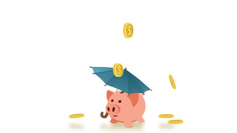 Cartoon animation falling dollar coins past the pink piggy bank under umbrella. Alpha matte
