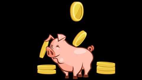 Cartoon animation falling money coins past the piggy bank. Alpha channel