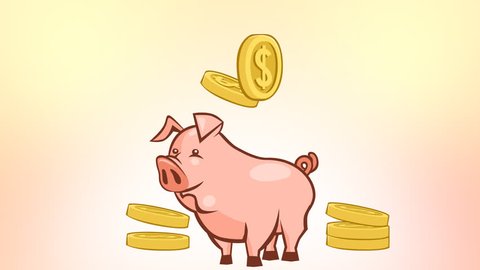 Cartoon animation falling dollar coins past the piggy bank. Alpha matte